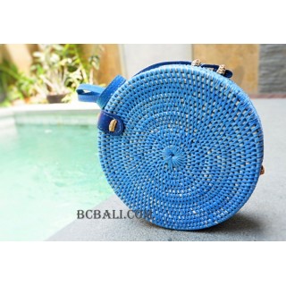 straw synthetic rattan circle bag blue color